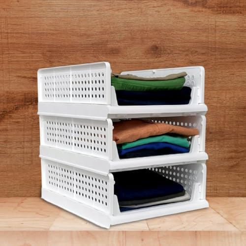 HomeStrap Set of 6, Stack it Up | Cloth Stacker | Foldable Shirt Storage Stacker for Wardrobe | Plastic Stackable Closet Organizer | White - Image 1