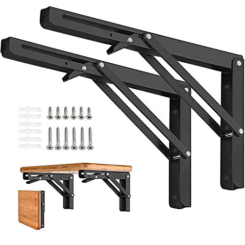 AUTOHJ Folding Shelf Brackets - 16 Inch 2 Pcs Heavy Duty Stainless Steel Collapsible Triangle Shelf Bracket, DIY Wall Mounted Folding Table Hinge, Space Saving for Bench Table with Screws - Image 1