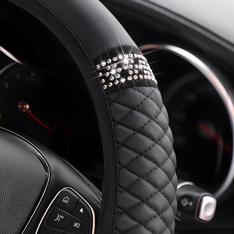 Osilly Bling Car Steering Wheel Cover, 15 Inch Rhinestones Soft Leather Elastic Steering Wheel Protector, Sparkly Crystal Diamond for Women Girls, Car Interior Accessories for Most Cars (Black) - Image 3