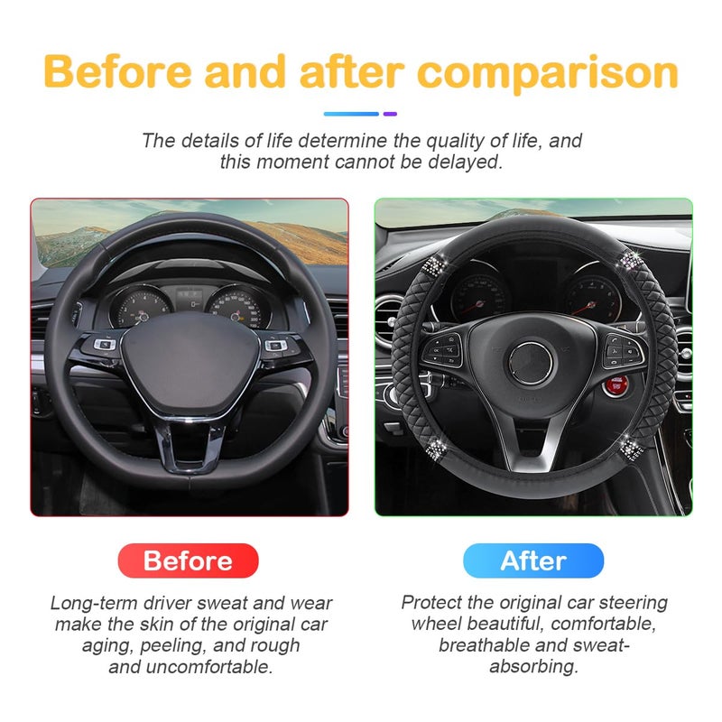 Osilly Bling Car Steering Wheel Cover, 15 Inch Rhinestones Soft Leather Elastic Steering Wheel Protector, Sparkly Crystal Diamond for Women Girls, Car Interior Accessories for Most Cars (Black) - Image 5