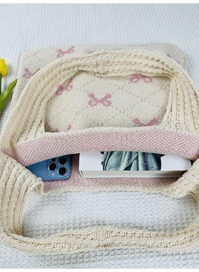 Crochet Tote Bag for Women, Bow Aesthetic Knitted Tote Bag, Boho Shoulder Bag Handbag, Cute Travel Tote Bag - Image 3