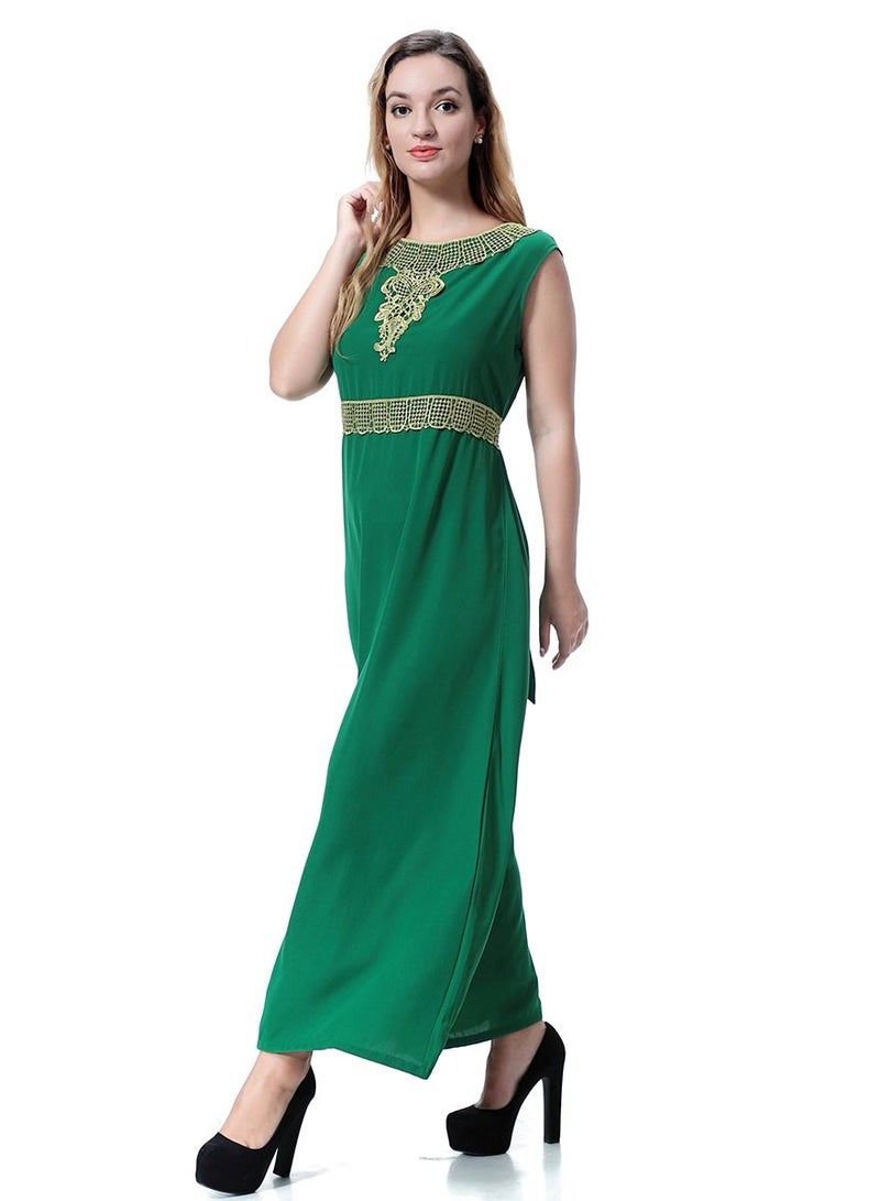 Loquat Women's Round Neck Sleeveless Applique Maxi Long Casual Dress Robe With Belt Green/Gold  - Image 2