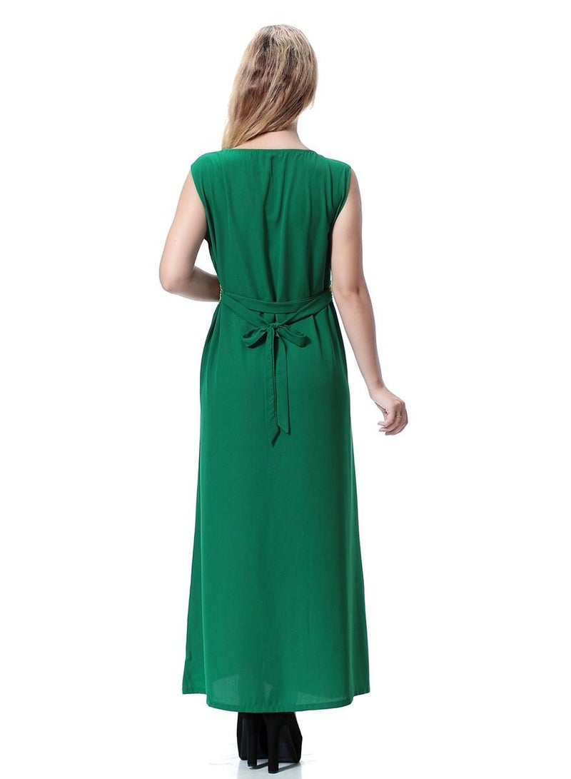 Loquat Women's Round Neck Sleeveless Applique Maxi Long Casual Dress Robe With Belt Green/Gold  - Image 3