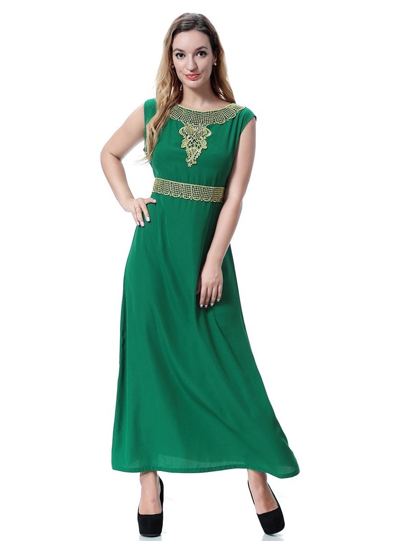 Loquat Women's Round Neck Sleeveless Applique Maxi Long Casual Dress Robe With Belt Green/Gold  - Image 1