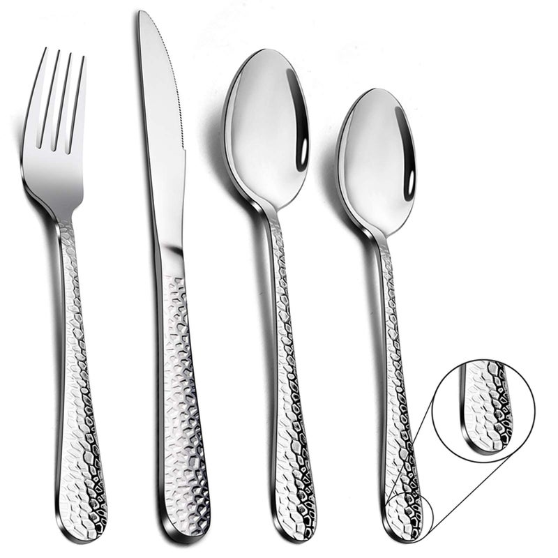 Homikit Cutlery Sets Stainless Steel 16 Piece Hammered Cutlery Set Metal Silverware Tableware Include Fork Knife Spoon Set Great for ChristmasPartyCamping Mirror Finished  Dishwasher Safe