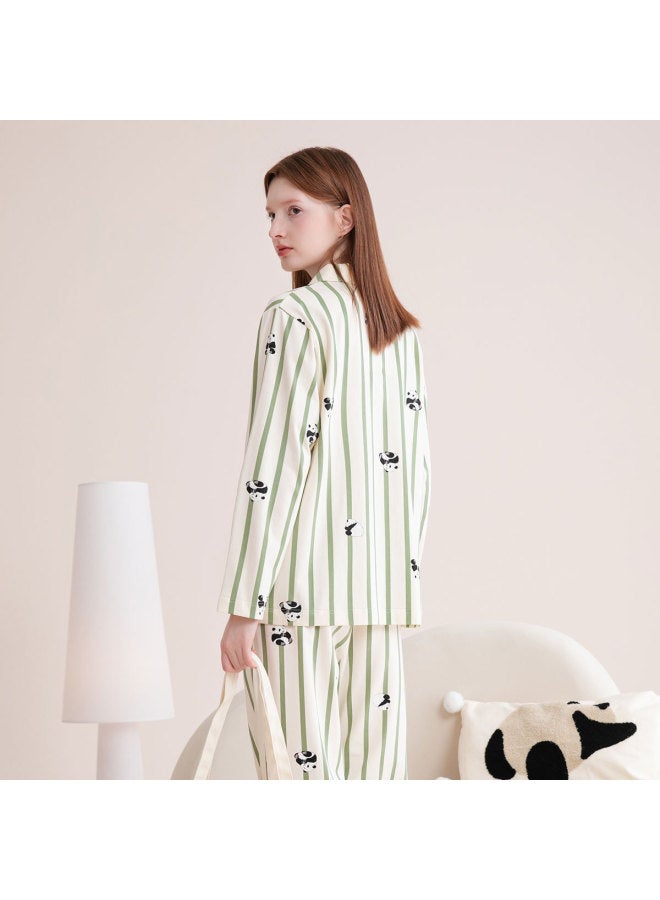 Fenton notched Collar Pajama Set With Long Pants & Long Sleeves - Panda Print Striped Women's Loungewear - Image 4
