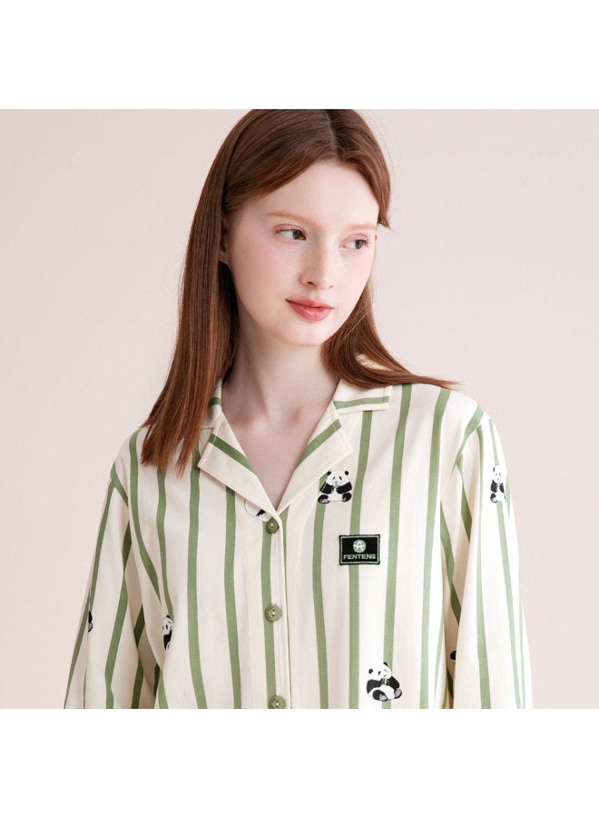Fenton notched Collar Pajama Set With Long Pants & Long Sleeves - Panda Print Striped Women's Loungewear - Image 5