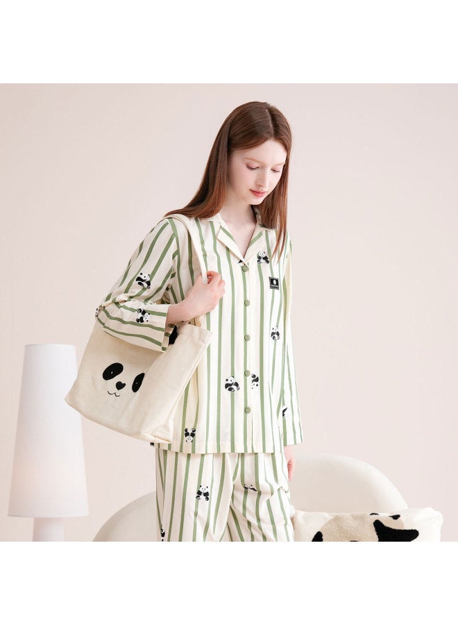 Fenton notched Collar Pajama Set With Long Pants & Long Sleeves - Panda Print Striped Women's Loungewear - Image 3