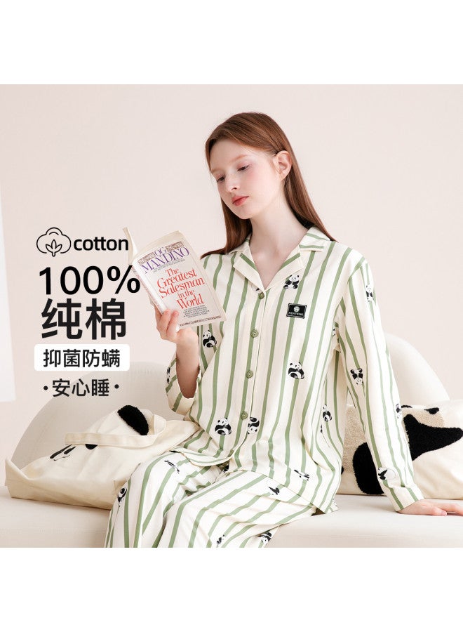 Fenton notched Collar Pajama Set With Long Pants & Long Sleeves - Panda Print Striped Women's Loungewear - Image 2