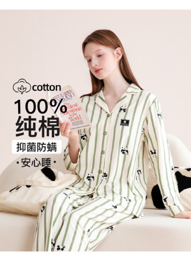 Fenton notched Collar Pajama Set With Long Pants & Long Sleeves - Panda Print Striped Women's Loungewear - Image 1