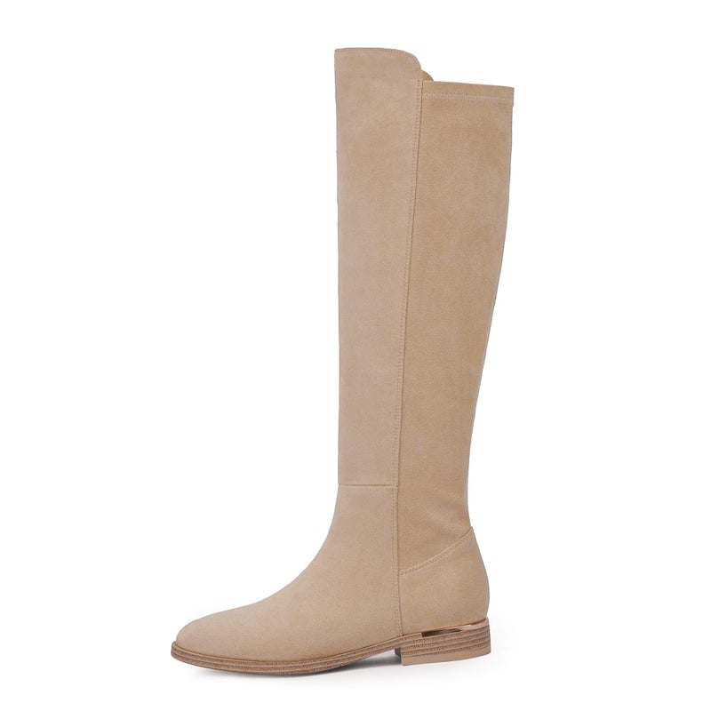 Modatope Beige Knee High Boots Suede Rounded Toe Flat Low Heel Elastic PU Leather Riding Boots Fashion Fall Winter Dress Boot Size 6.5 - Image 4