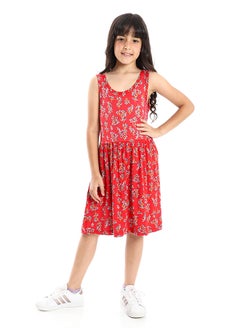 Andora Girls Soft & Comfy Sleeveless Floral Dress - Red  - Image 1