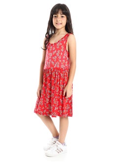 Andora Girls Soft & Comfy Sleeveless Floral Dress - Red  - Image 2
