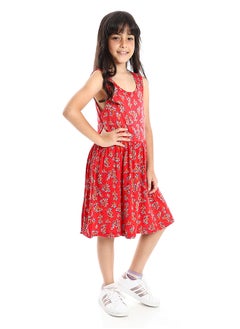 Andora Girls Soft & Comfy Sleeveless Floral Dress - Red  - Image 3
