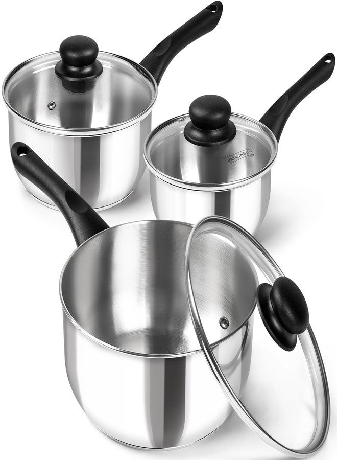 MICHELANGELO Stainless Steel Saucepan with Lid 6pcs, Triply Base Stainless Steel Pot Set, Saucepan Set with Bakelite Handle - 1QT & 2QT & 3QT - Image 1