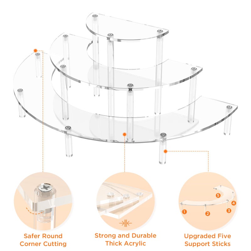 Dooiclear 3 Tier Acrylic Display Risers, Half Moon Cupcake Stand, Clear Perfume Organizer, Dessert Stand for Display, Clear Display Stand for Food, Cupcake, Perfume, Collections - Image 3