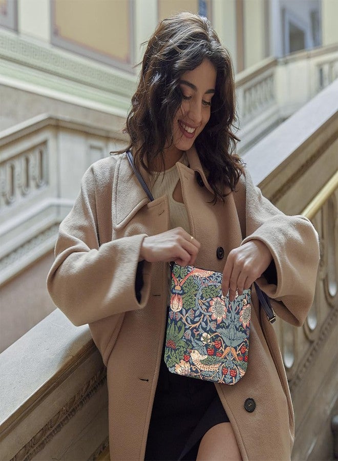 Signare Tapestry Small Crossbody Bag Sling Bag for Women with Flower and Bird William Morris Strawberry Thief Blue Design (SLING -STBL) - Image 2