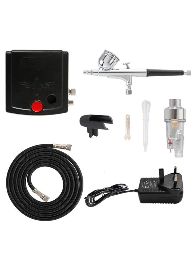 طقم ضاغط الهواء (يتضمن هواءً)، مضخة رش محمولة، قابس المملكة المتحدة، مثالي للرسم الفني والحرف اليدوية ورش الكيك والعمل على النماذج والأظافر، مجموعة أدوات كاملة - Image 1