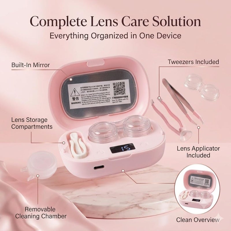 Ultrasonic Contact Lens Cleaner Case with LED Display, USB Type-C Rechargeable Lens Cleaner Device, Portable Lens Washer with Tweezer and Lens Applicator - Image 5