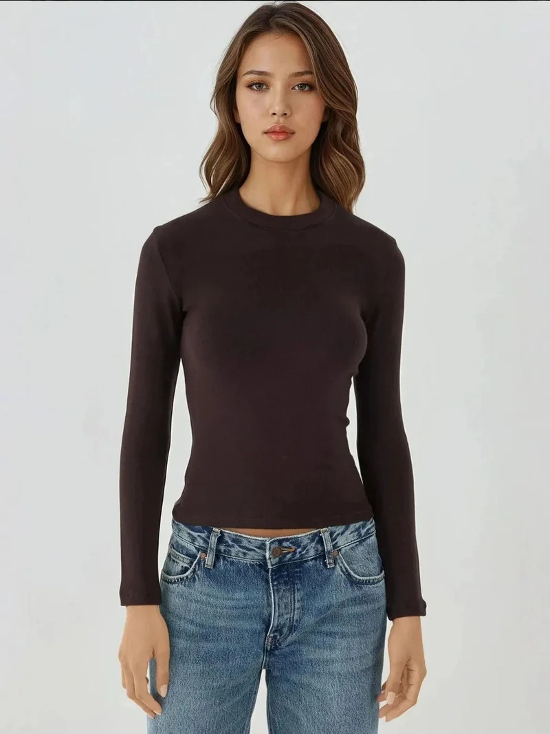 HICCUP Ultra Soft Touch Slim Fit Crew Neck Long Sleeve Basic Top