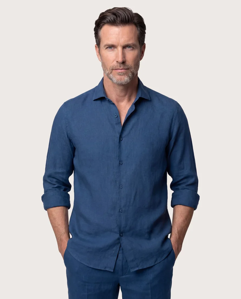 كاميتشسما Trendy Blue Denim Linen Slim Comfort Shirt
