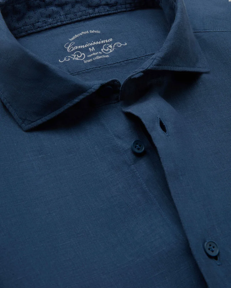 كاميتشسما Trendy Blue Denim Linen Slim Comfort Shirt
