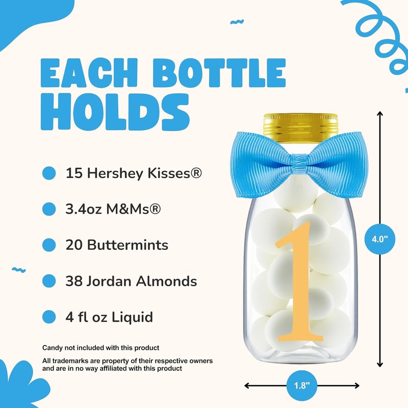 Ethisa Small 12 Pack 1st Birthday Party Favors for Boys - DIY Candy Jars with Ribbons and Stickers - Baby Boy Party Decoration Bottles for First Birthday Bash - One Year Old Table Centerpieces - Image 4