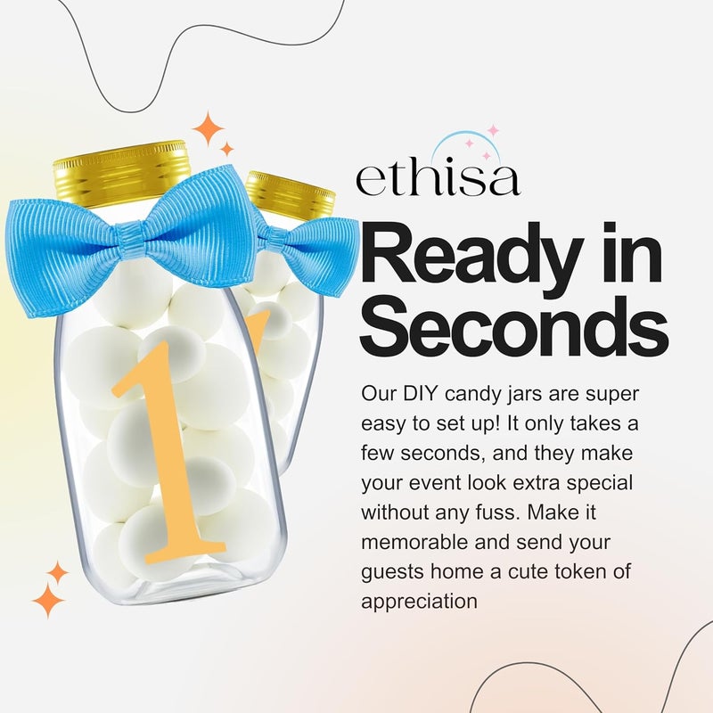 Ethisa Small 12 Pack 1st Birthday Party Favors for Boys - DIY Candy Jars with Ribbons and Stickers - Baby Boy Party Decoration Bottles for First Birthday Bash - One Year Old Table Centerpieces - Image 3