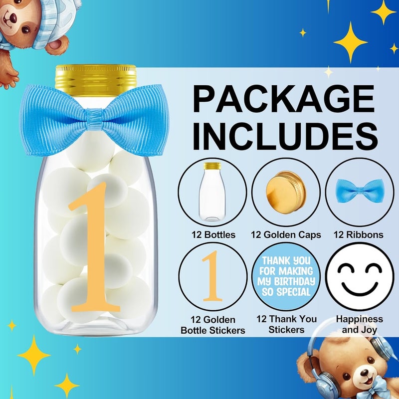 Ethisa Small 12 Pack 1st Birthday Party Favors for Boys - DIY Candy Jars with Ribbons and Stickers - Baby Boy Party Decoration Bottles for First Birthday Bash - One Year Old Table Centerpieces - Image 2
