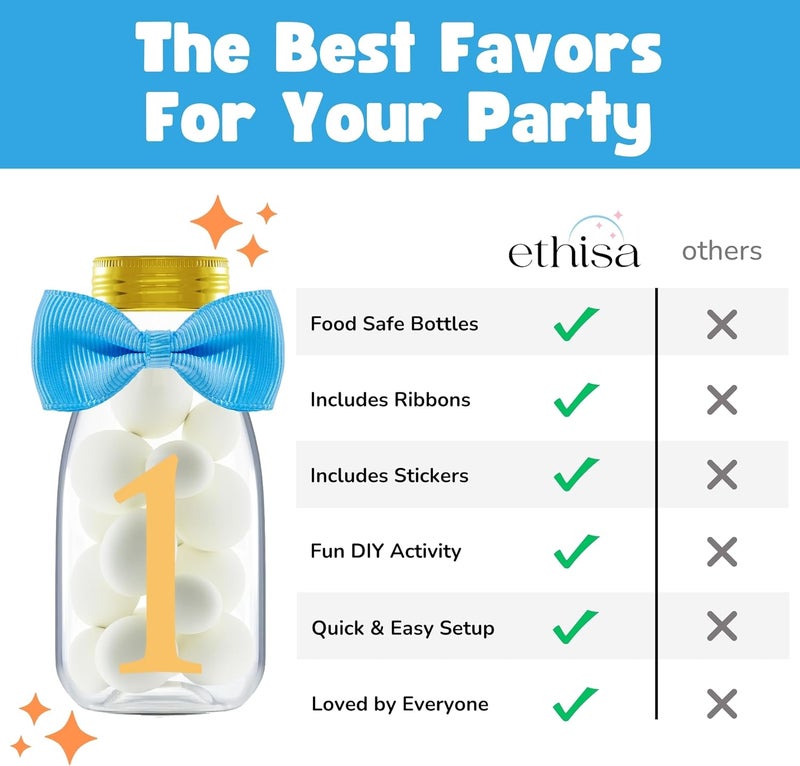 Ethisa Small 12 Pack 1st Birthday Party Favors for Boys - DIY Candy Jars with Ribbons and Stickers - Baby Boy Party Decoration Bottles for First Birthday Bash - One Year Old Table Centerpieces - Image 5