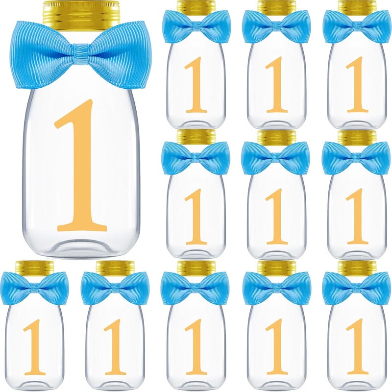 Ethisa Small 12 Pack 1st Birthday Party Favors for Boys - DIY Candy Jars with Ribbons and Stickers - Baby Boy Party Decoration Bottles for First Birthday Bash - One Year Old Table Centerpieces - Image 1