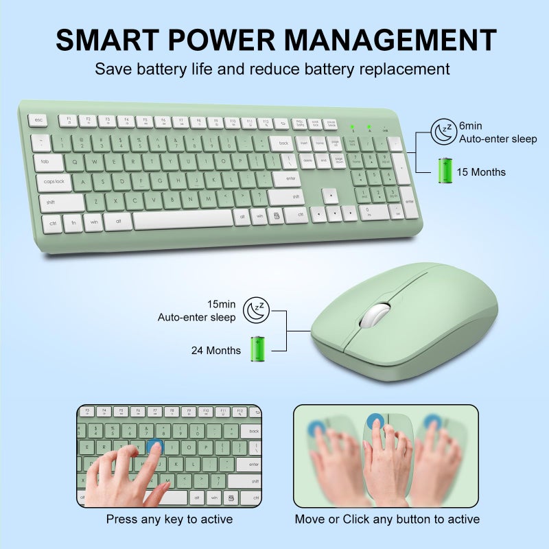 EDJO Wireless Keyboard and Mouse Combo, Full-Size Silent Ergonomic Keyboard and Optical Mouse, Long Battery Life, 2.4G Lag-Free Mice Keyboard for Computer,Mac,Laptop,PC,Windows(Avocado Green) - Image 3