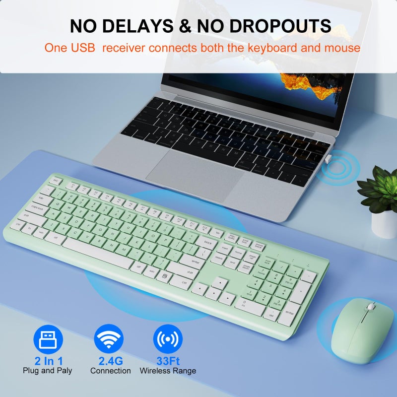 EDJO Wireless Keyboard and Mouse Combo, Full-Size Silent Ergonomic Keyboard and Optical Mouse, Long Battery Life, 2.4G Lag-Free Mice Keyboard for Computer,Mac,Laptop,PC,Windows(Avocado Green) - Image 2