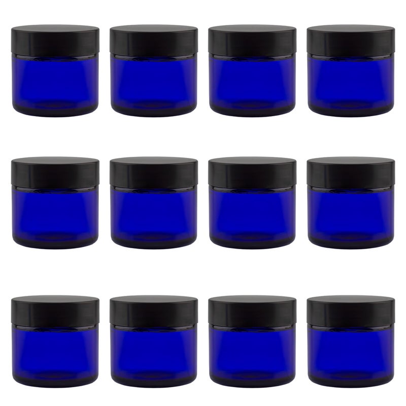 Cornucopia Brands 2oz Cobalt Blue Glass Cosmetic Jars (Pack of 12) Straight Sided Jars w/Black Plastic Lined Lids for Balms, Cosmetics, Creams & More