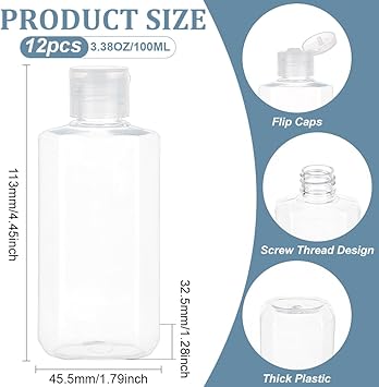 BENECREAT BENECREAT 12Pcs 100ml Plastic Shampoo Bottle with Flip Cap Clear Empty Hand Sanitizer Bottles Plastic Refillable Bottles for Shampoo Body Soap Toner and Lotion - Image 2