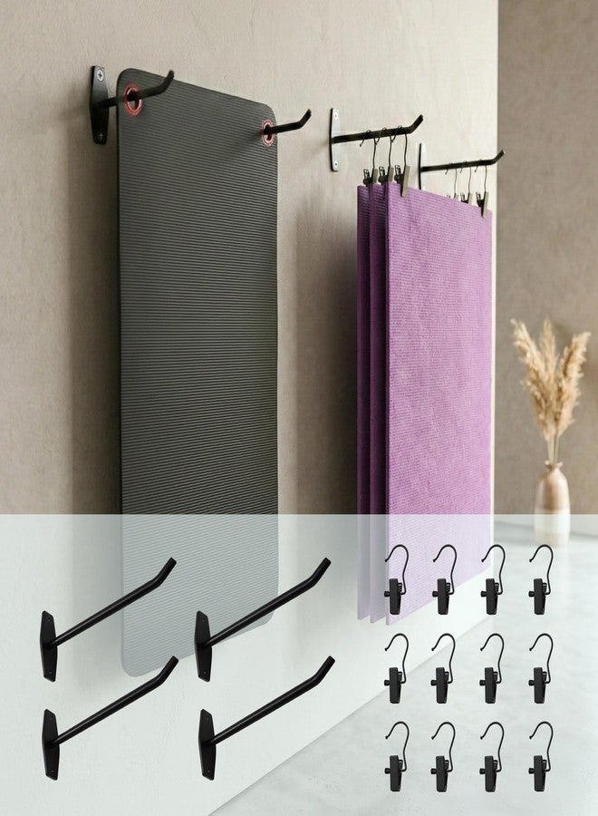 EazziSwitch Yoga Mat Holder Wall Mount: 4 Pack Heavy Duty Metal Hooks & 12 PCS Clips for Yoga Mat (<5.5 lbs), Eyelet Mats, Foam Rollers & Gym Equipment Storage - Hanging Exercise Mat Rack & Organizer for Fitness Workout - Image 1