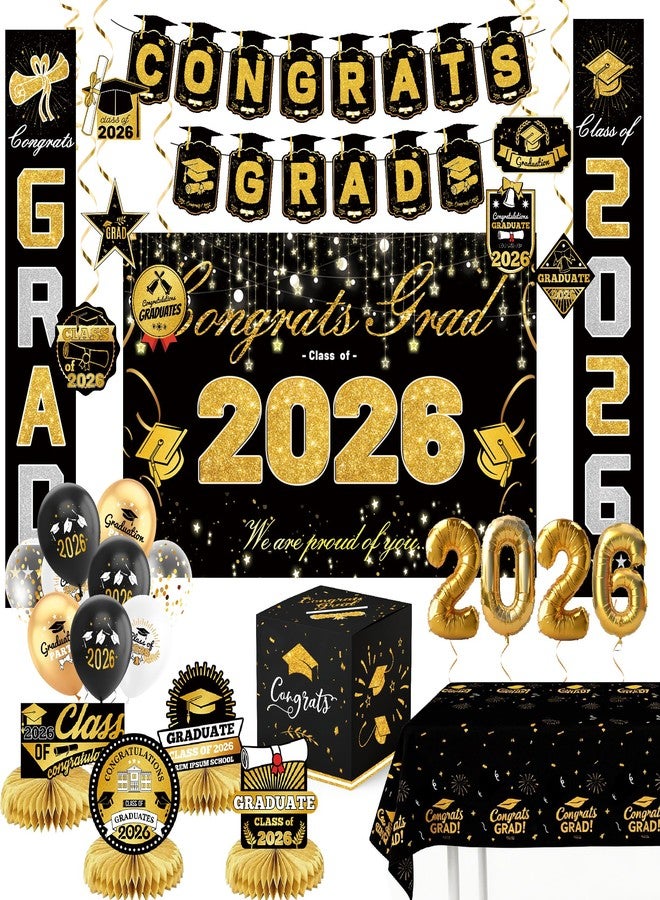 Sadoup Graduation Decorations 2026-Black and Gold Party Supplies,Class of 2026 Backdrop,Congrats Grad Banner,Tablecloth,Porch Banner,Balloons & Grad Card Box for College High School - Image 1