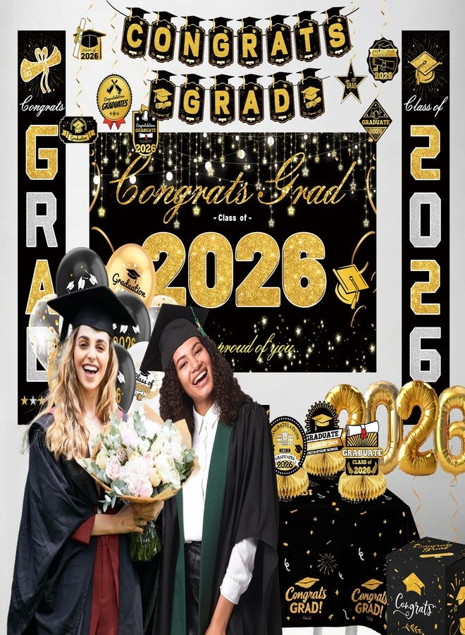 Sadoup Graduation Decorations 2026-Black and Gold Party Supplies,Class of 2026 Backdrop,Congrats Grad Banner,Tablecloth,Porch Banner,Balloons & Grad Card Box for College High School - Image 2
