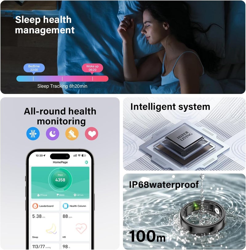 Smart Ring Health Tracker,Calorie/heart rate/oximetry monitoring,With charging case,Health Rings for Women & Men,Long Lasting Batteries Sleep Ring (Silver, 12) - Image 3