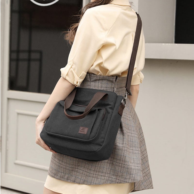 Sunshinejing Women's Canvas Top Handle Handbag Stylish Multi-pocket Shoulder Tote Purse Work Crossbody Bags (Black) One Size - Image 4