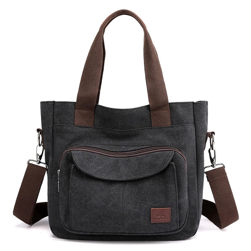 Sunshinejing Women's Canvas Top Handle Handbag Stylish Multi-pocket Shoulder Tote Purse Work Crossbody Bags (Black) One Size - Image 1