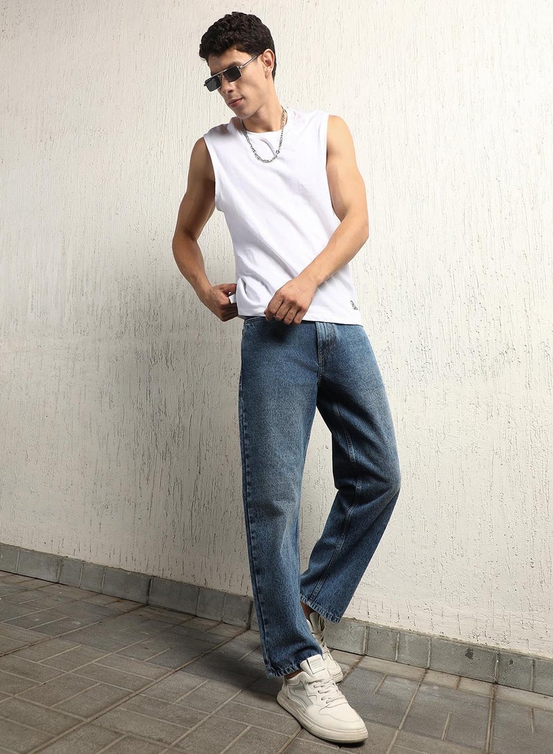 Hubberholme Men's Indigo 100% Cotton Bleached Full Length Loose Jeans  - Image 1