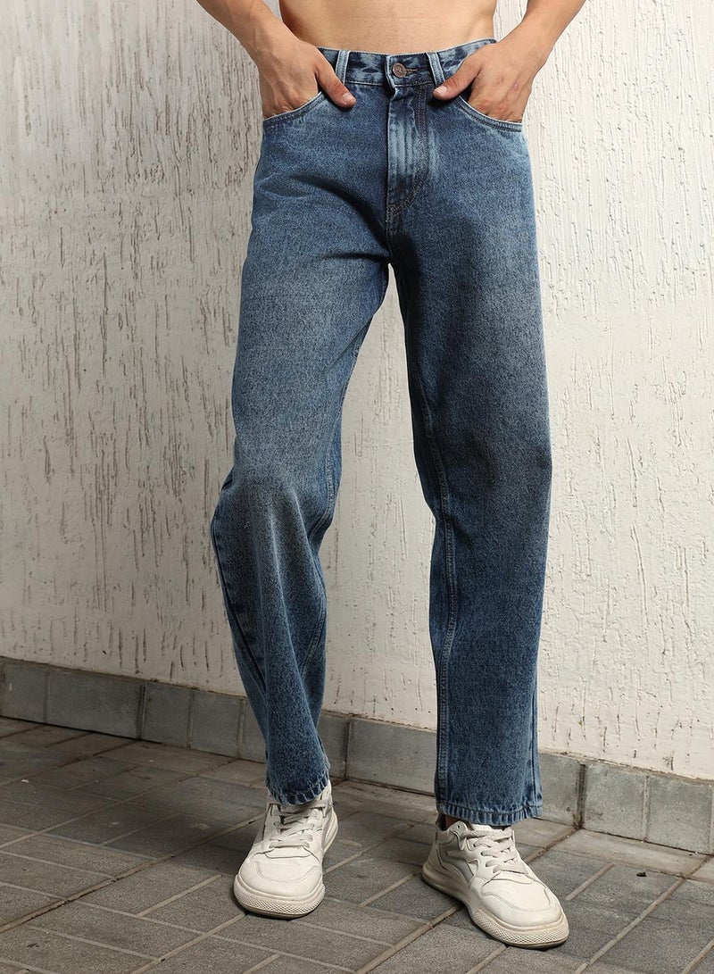 Hubberholme Men's Indigo 100% Cotton Bleached Full Length Loose Jeans  - Image 2