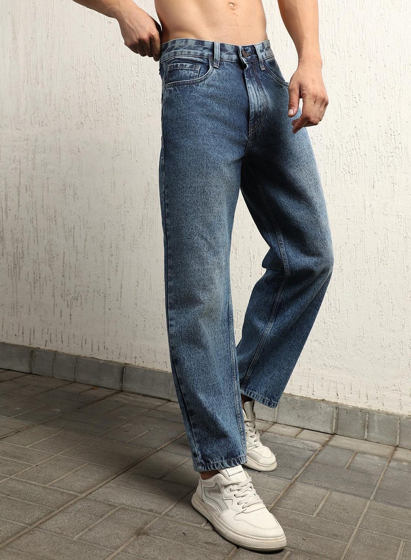 Hubberholme Men's Indigo 100% Cotton Bleached Full Length Loose Jeans  - Image 3