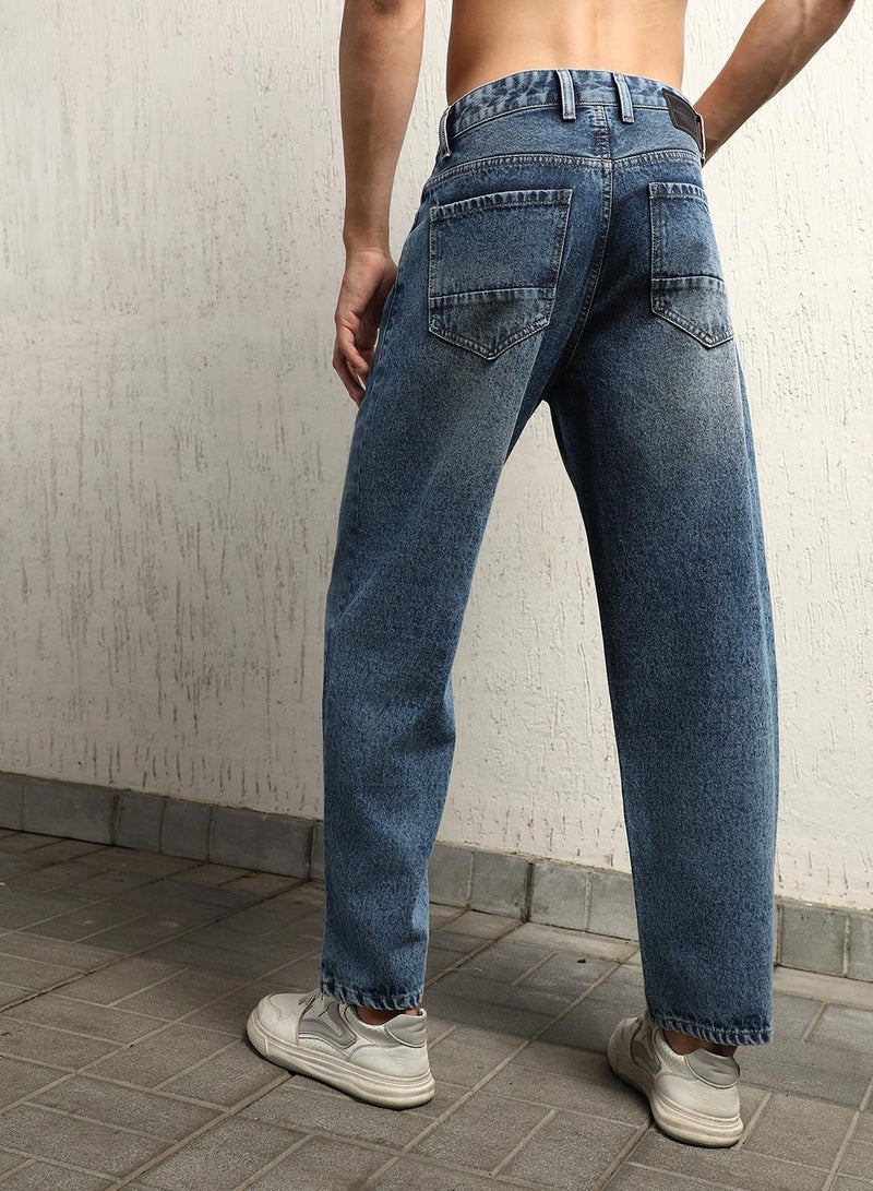 Hubberholme Men's Indigo 100% Cotton Bleached Full Length Loose Jeans  - Image 4