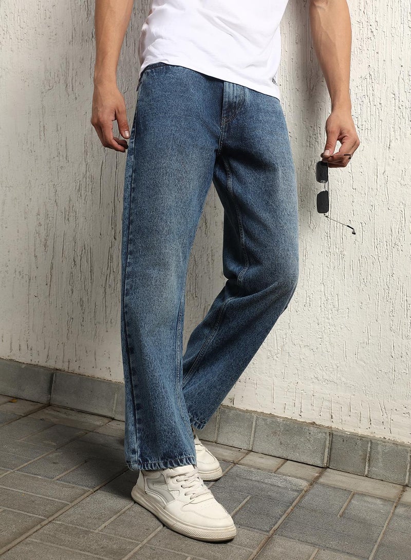 Hubberholme Men's Indigo 100% Cotton Bleached Full Length Loose Jeans  - Image 5