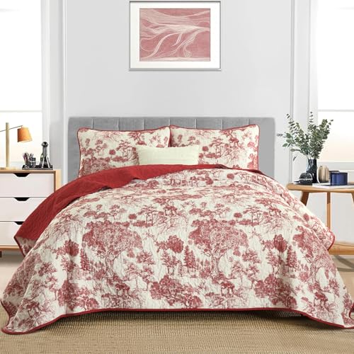 WONGS BEDDING Botanical Quilt Set Queen Size Red 3 Pieces Floral Plants Printed Bedspread Bedding Set Christmas Soft Lightweight Microfiber Coverlet Set for All Season 96x90 - Image 3