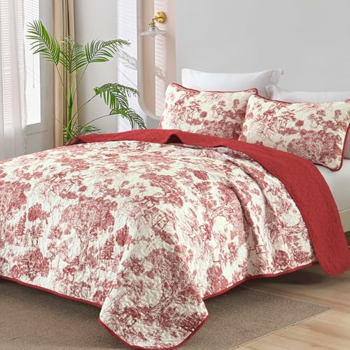 WONGS BEDDING Botanical Quilt Set Queen Size Red 3 Pieces Floral Plants Printed Bedspread Bedding Set Christmas Soft Lightweight Microfiber Coverlet Set for All Season 96x90 - Image 1