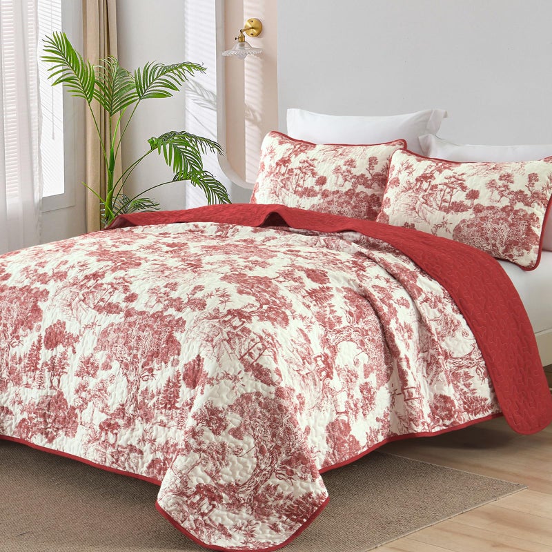 WONGS BEDDING Botanical Quilt Set Queen Size Red 3 Pieces Floral Plants Printed Bedspread Bedding Set Christmas Soft Lightweight Microfiber Coverlet Set for All Season 96x90 - Image 2