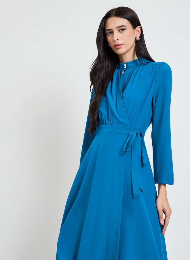 ستايلي Blue Long Sleeves Wrap Midi Dress